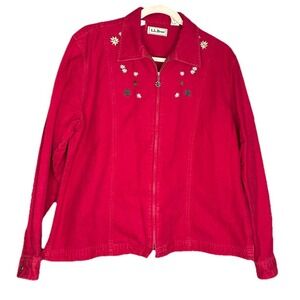 Vintage LL Bean Chamois Shirt Womens XL Red Full Zip Embroidered Trees Outdoor